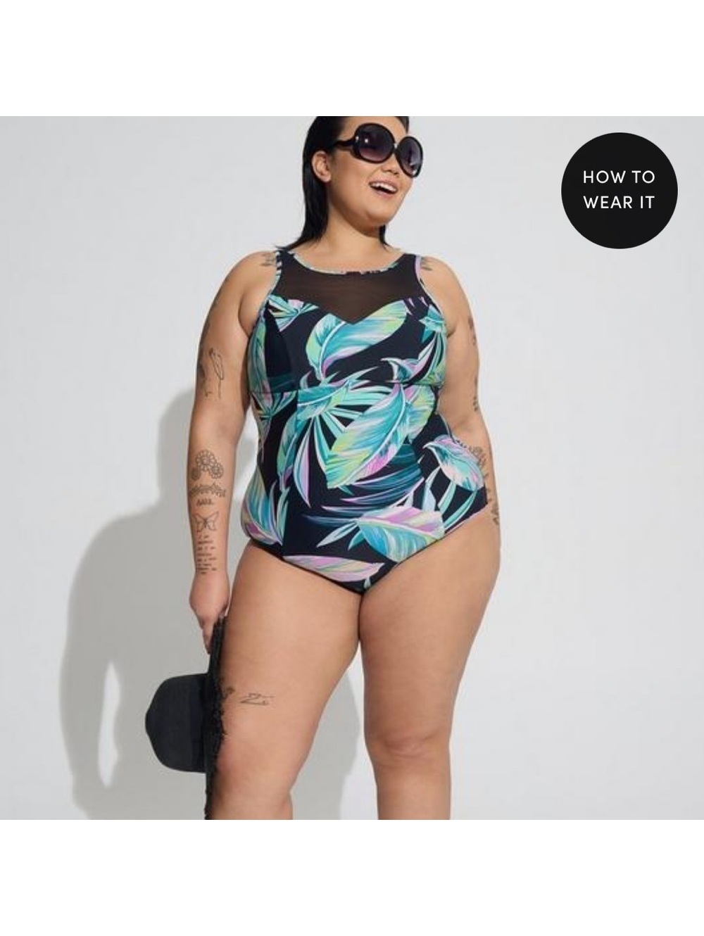 Torrid Wireless Mesh High Neck One Piece Swimsuit Pretty Summer Leaves Black NEW - Picture 2 of 7